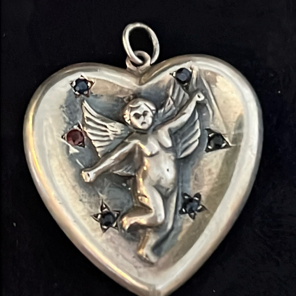 Antique Sterling Silver Cupid heart pendant rubies sapphire emerald stones